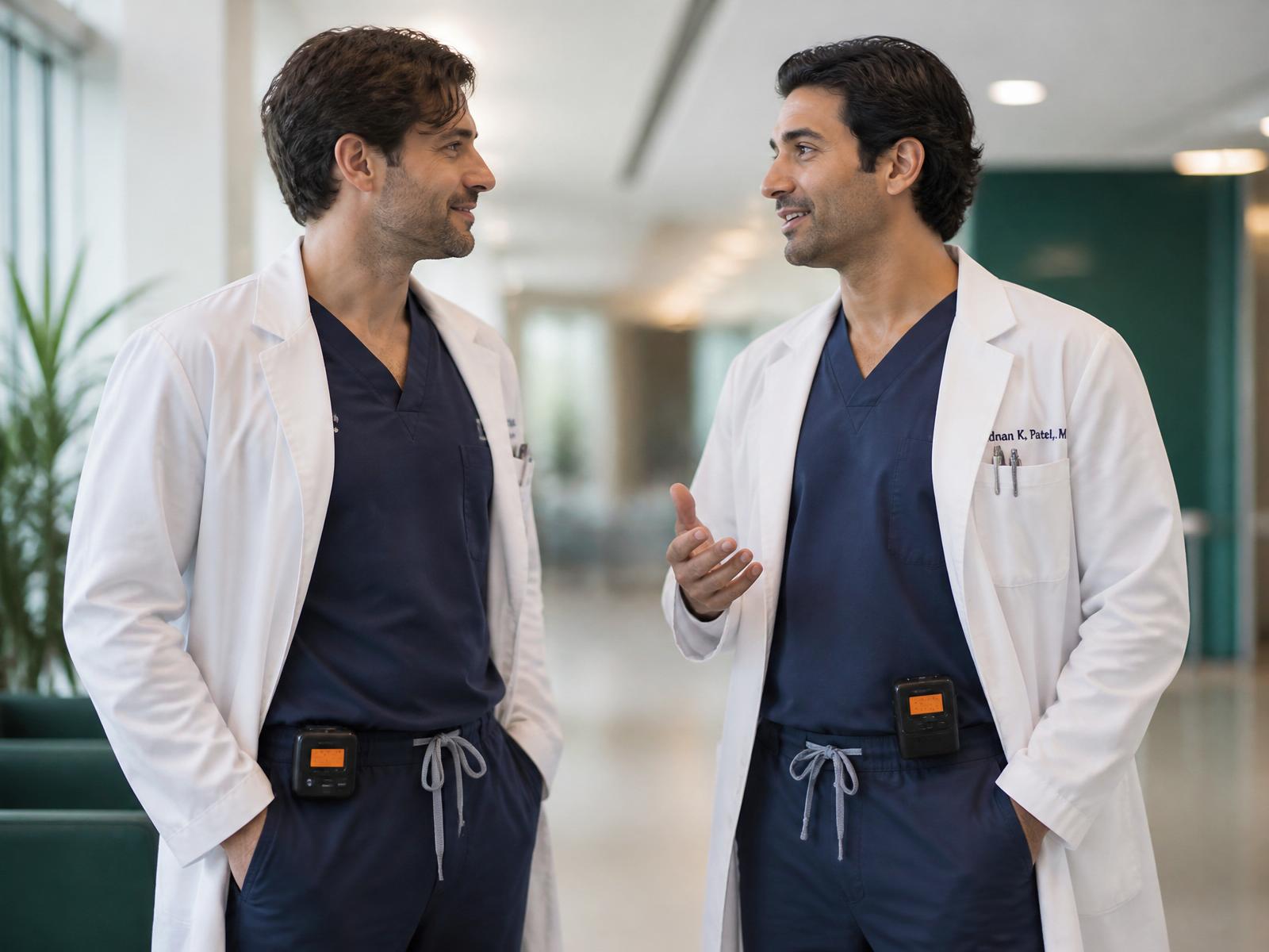 Two doctors in white coats and navy scrubs talking casually in a bright hospital corridor, each with an Apollo AT-100TR pager clipped at the waist.